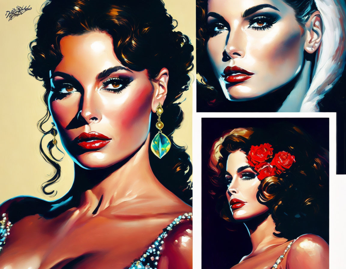 Colorful stylized portraits of a woman with bold makeup and jewelry on a cream background.