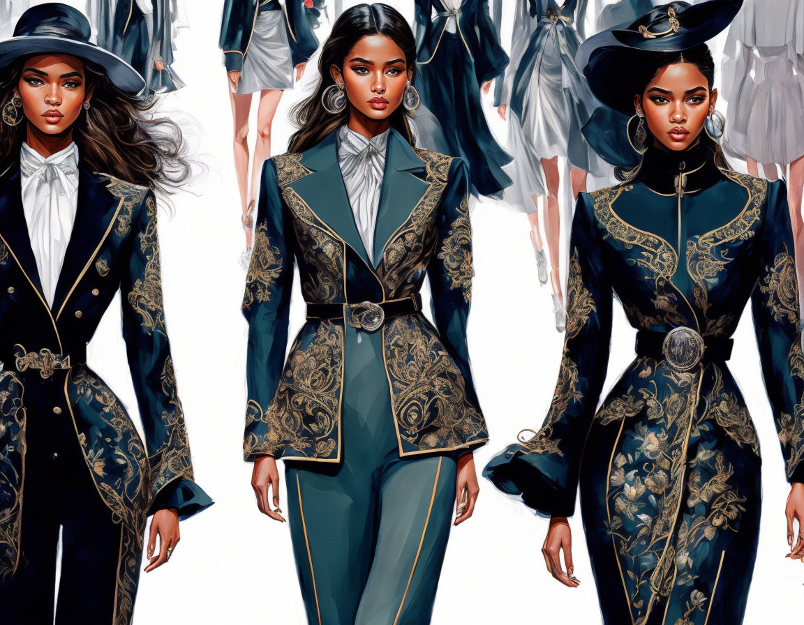 Three women in ornate military-inspired outfits with gold embroidery on deep blue fabric.