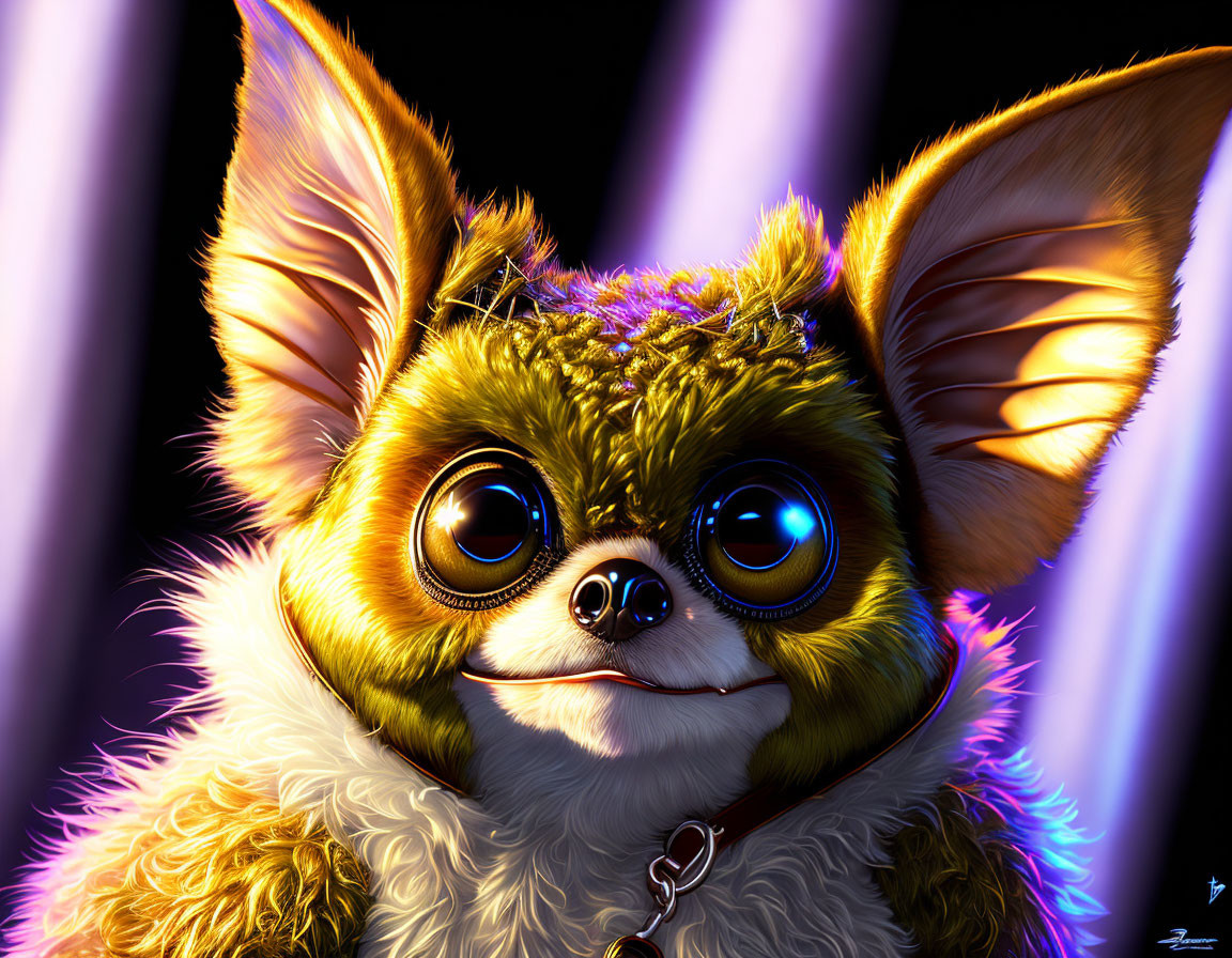 Cute furry creature with big eyes and bat-like ears in purple light