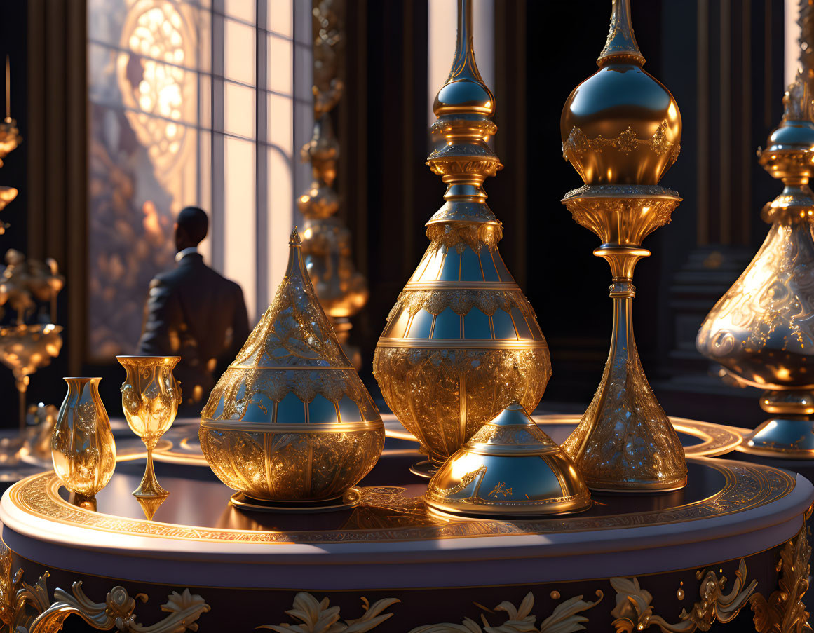 Opulent room with golden vases, sunlight, and silhouette