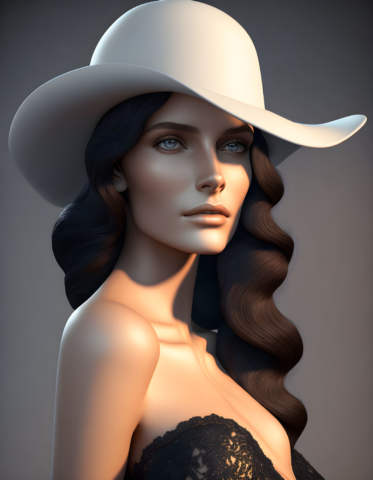 Dark-haired woman in white hat and black lace attire in 3D rendering