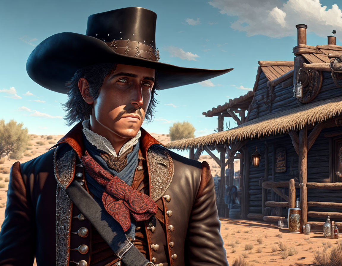 Detailed digital artwork of stern cowboy in black hat and leather jacket against frontier backdrop.