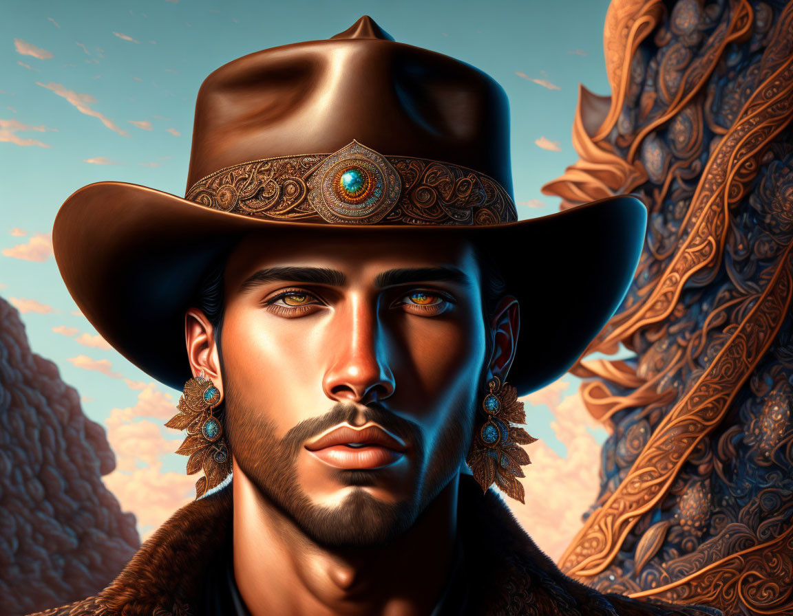 Man with Styled Mustache in Cowboy Hat & Earrings Against Warm-Toned Backdrop