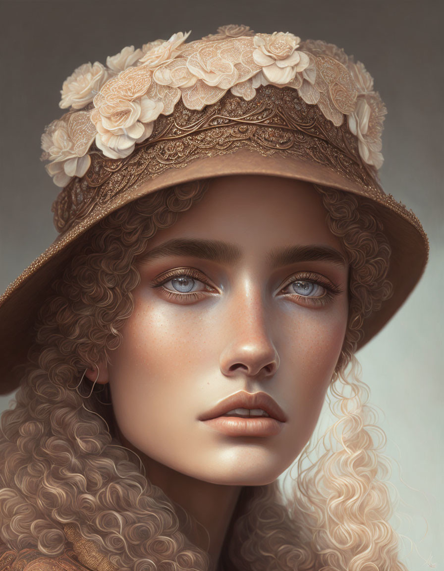 Detailed digital artwork: Woman with curly hair in floral lace hat