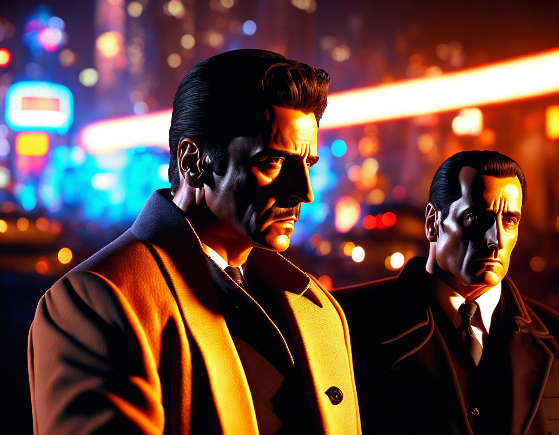 Stylized men in suits against neon-lit city backdrop