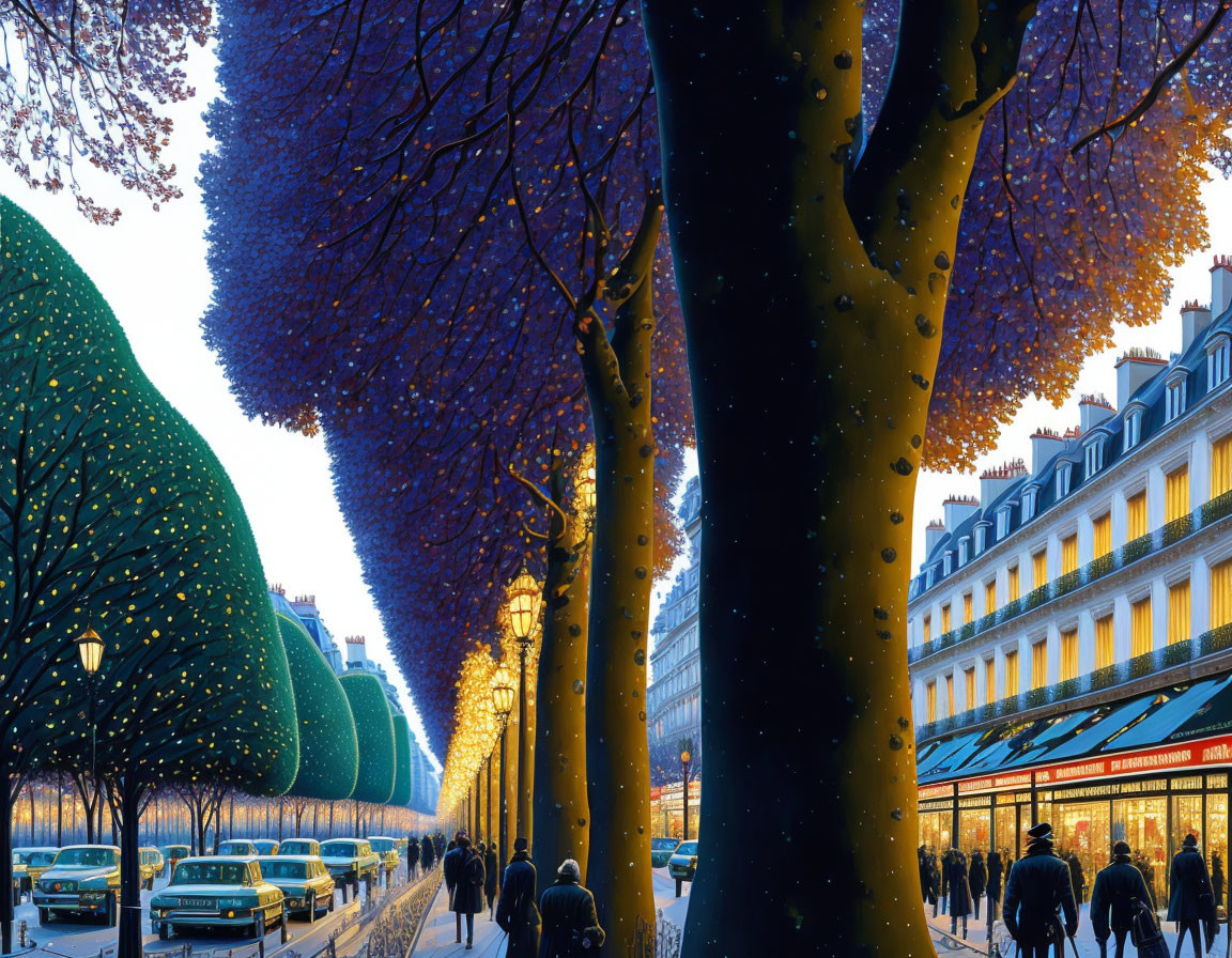 Bustling city street at twilight with illuminated trees, pedestrians, and vintage cars