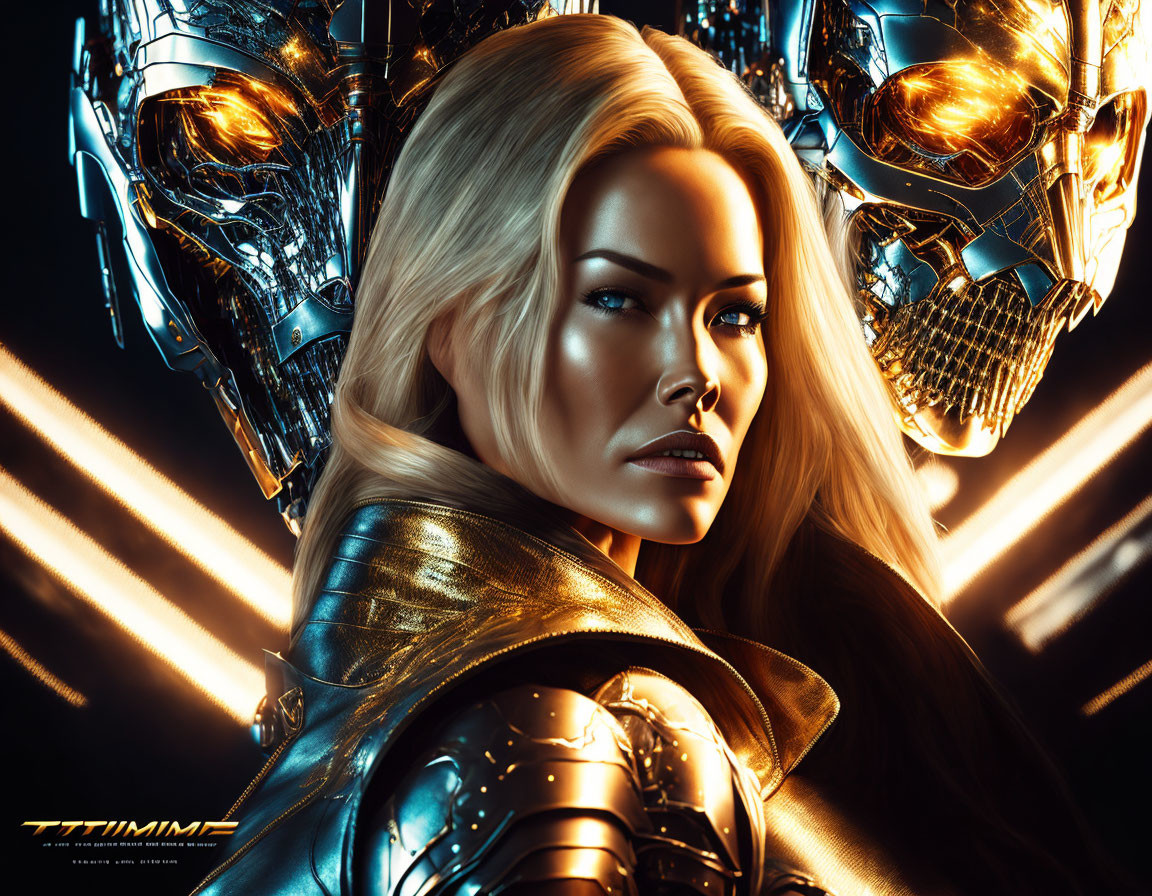 Digital Artwork: Woman with Metallic Sheen and Robotic Face Against Golden Backdrop