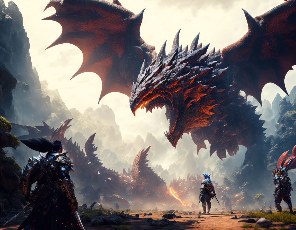 Enormous dragon overlooks armored warriors in mystical landscape