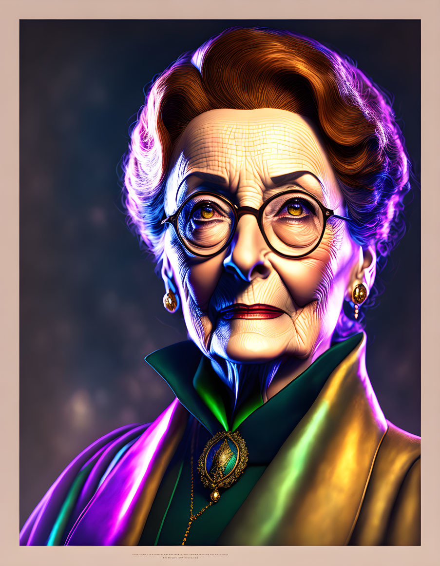 Elderly woman portrait with glasses and vibrant attire under prominent lighting