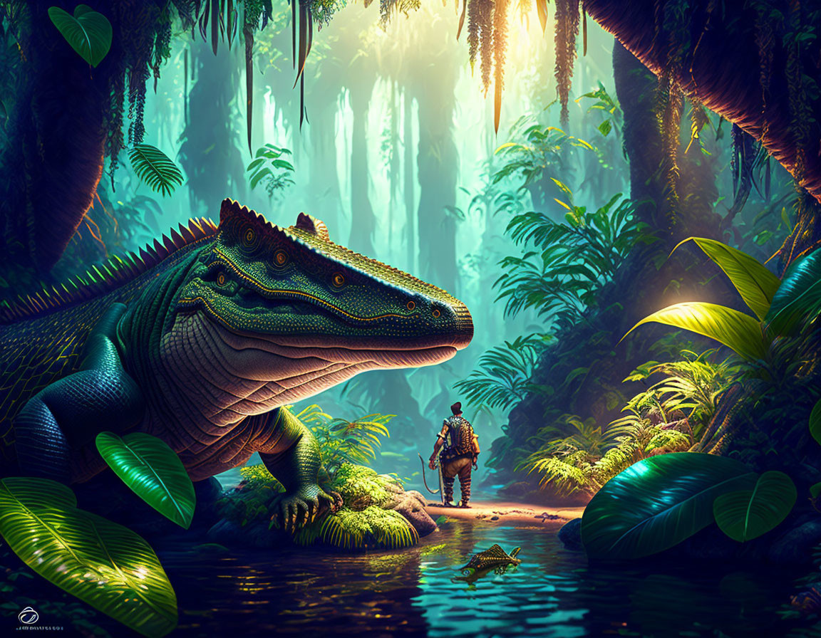 Person with backpack admires serene dinosaur in lush prehistoric jungle