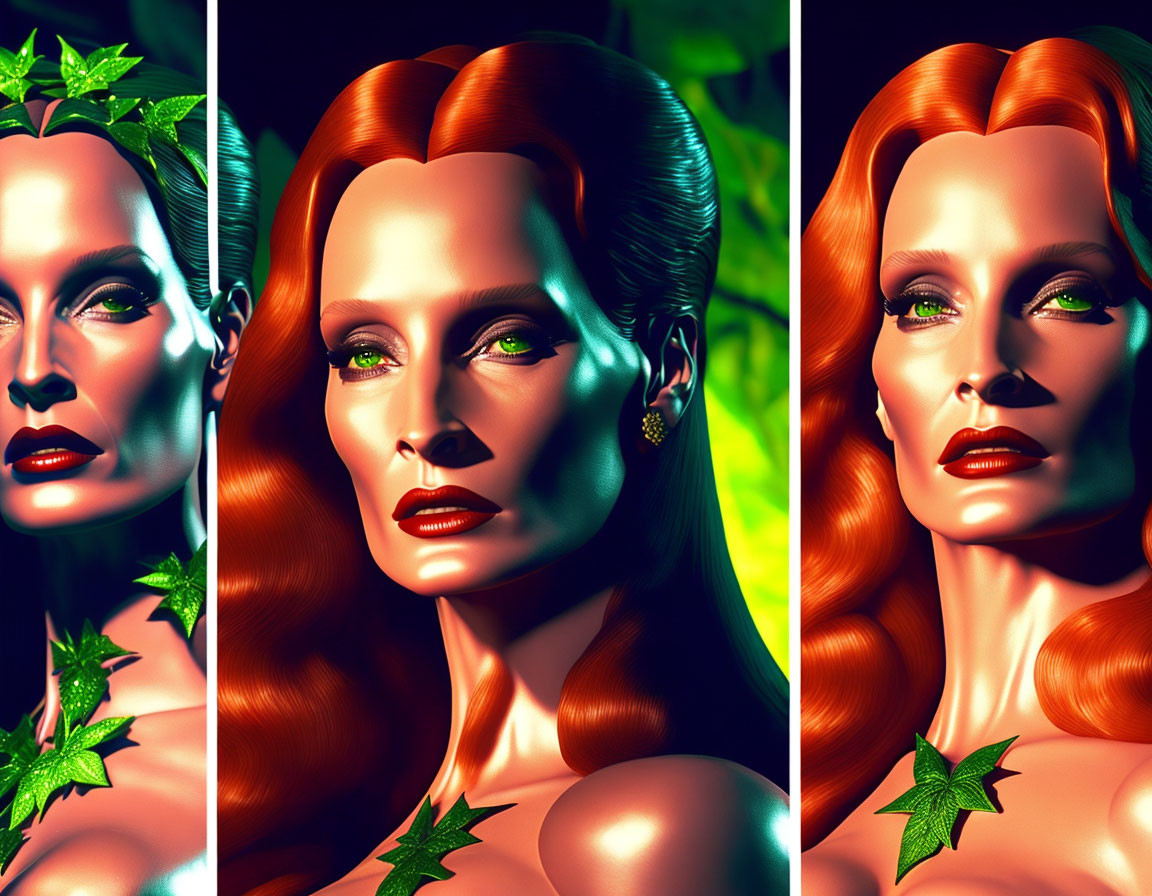 Stylized portraits of a red-haired woman with green eyes and leaf decorations in greenish-yellow light