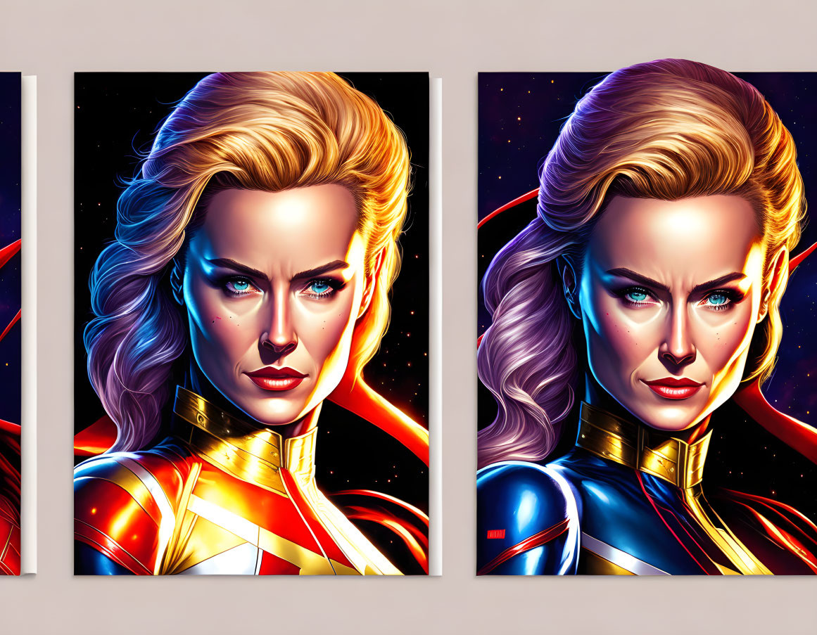 Female superhero with blonde hair in red, blue, and gold costume on cosmic backdrop