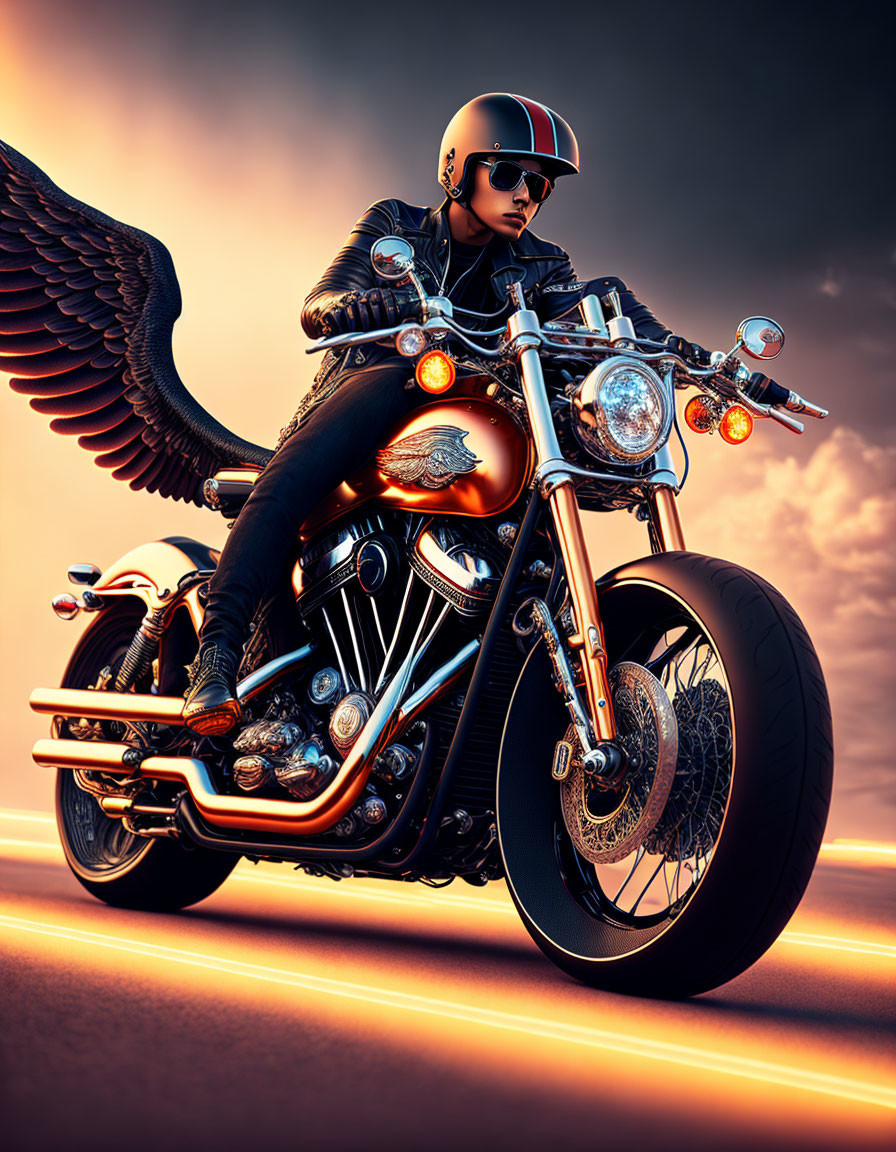 Person in black helmet on classic motorcycle with eagle wings in sunset sky