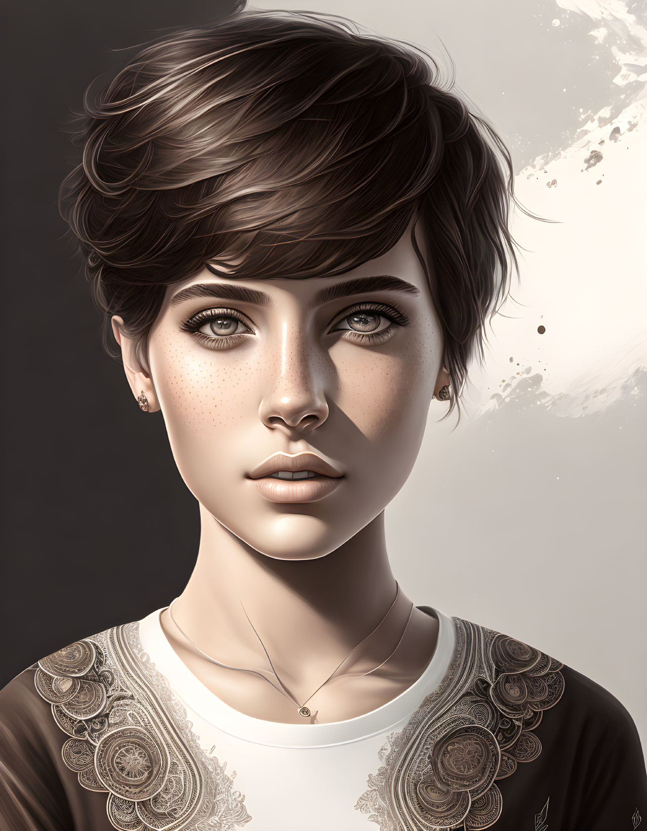 Portrait of a woman with short brown hair and freckles wearing a lace shirt