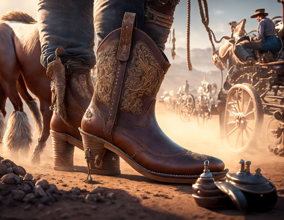 Ornate cowboy boots with spurs, dog, and covered wagon in Wild West setting