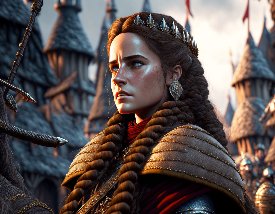 Regal woman with braided hair and crown in medieval setting