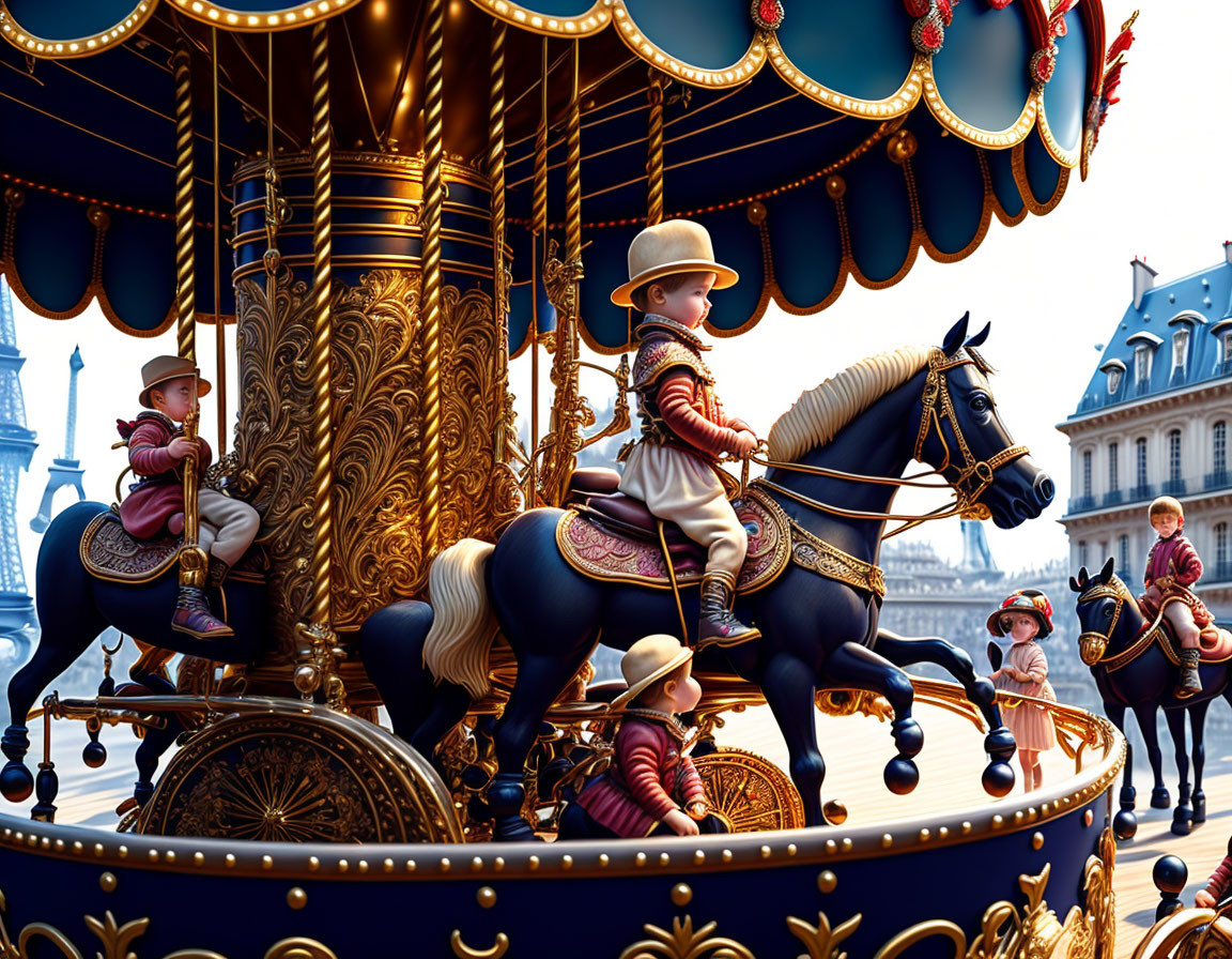 Traditional carousel with ornate design and children riding decorated horses in urban setting