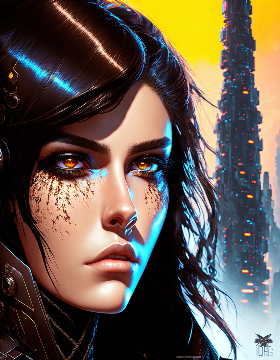 Digital artwork: Woman with dark hair, brown eyes with blue highlights, futuristic armor, neon-lit