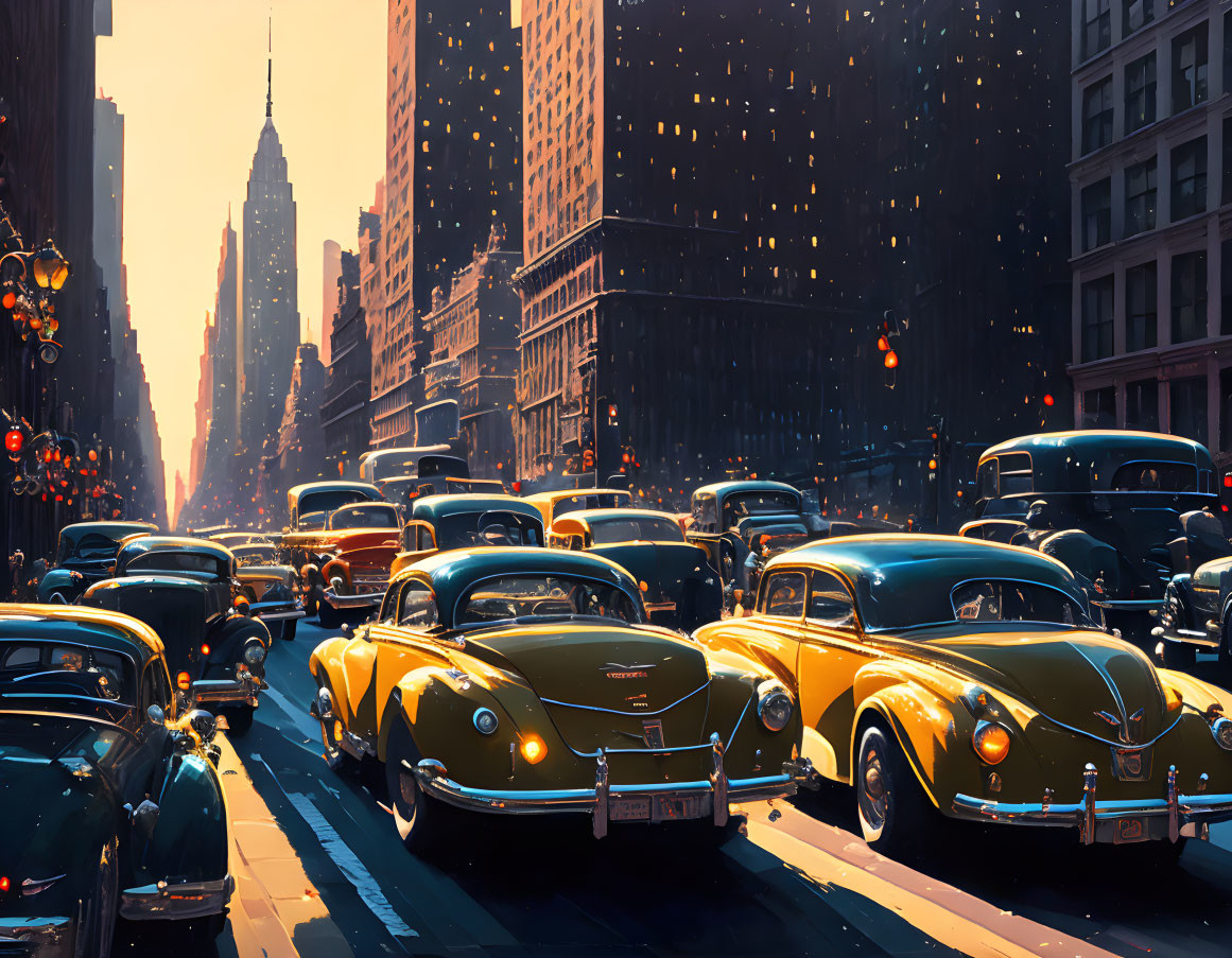 Classic cars and art deco architecture in vintage New York scene