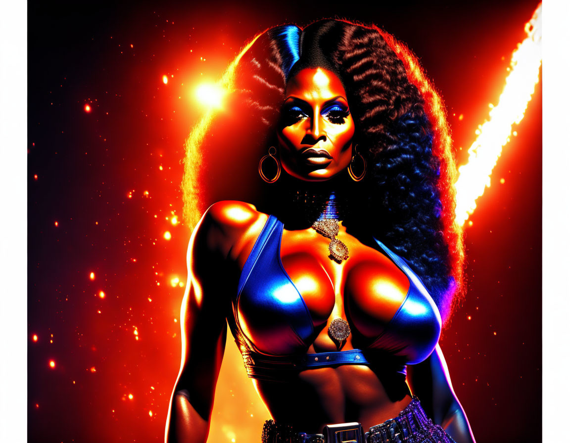 Voluminous hair, bold makeup, futuristic attire in fiery backdrop