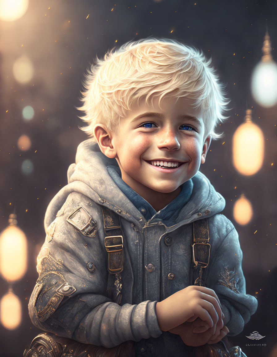 Blond boy in leather jacket with glowing lanterns