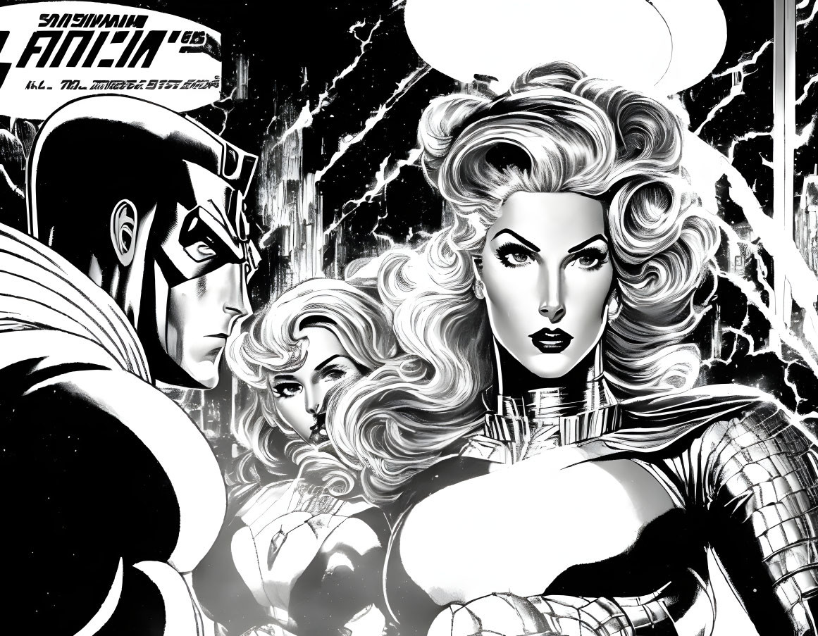 Comic book illustration: Stylized superheroes in black and white