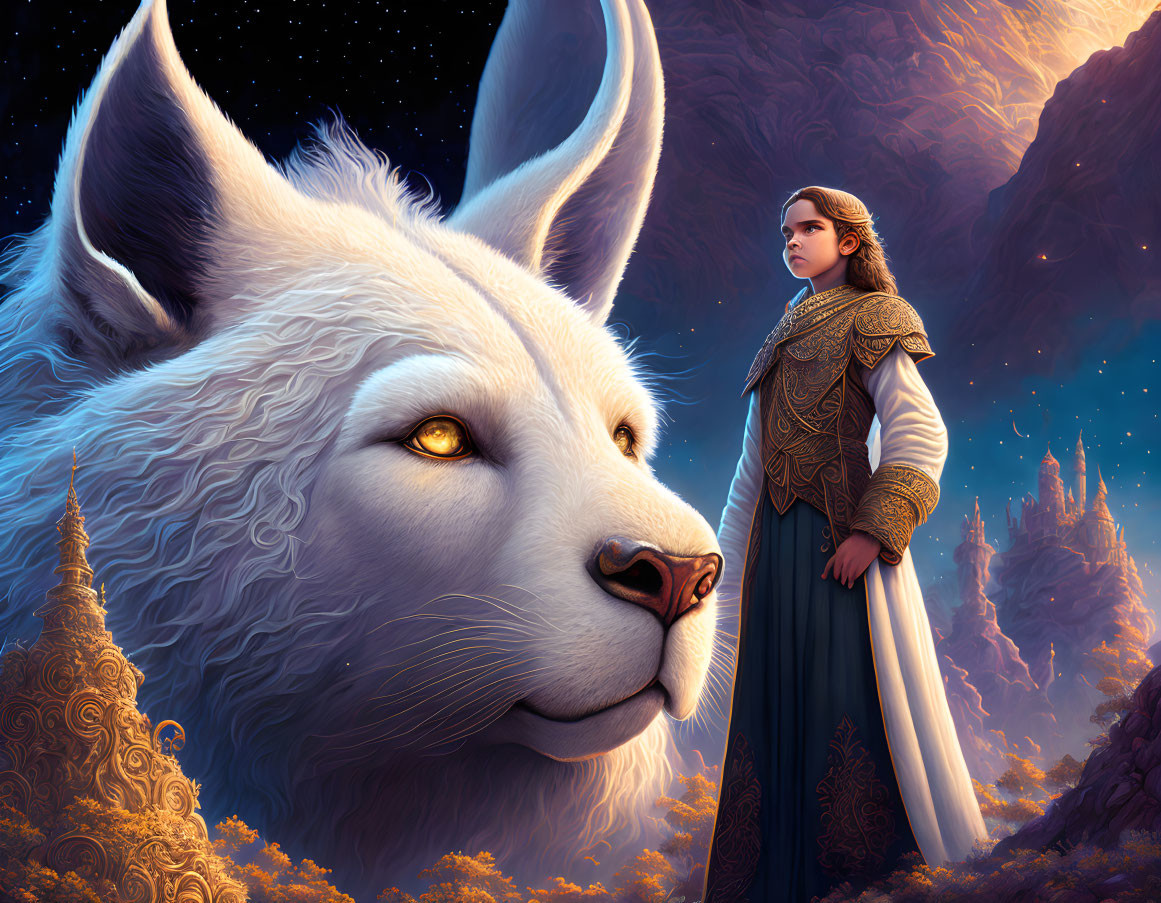 Young woman in ornate clothing with giant white wolf in mystical twilight landscape