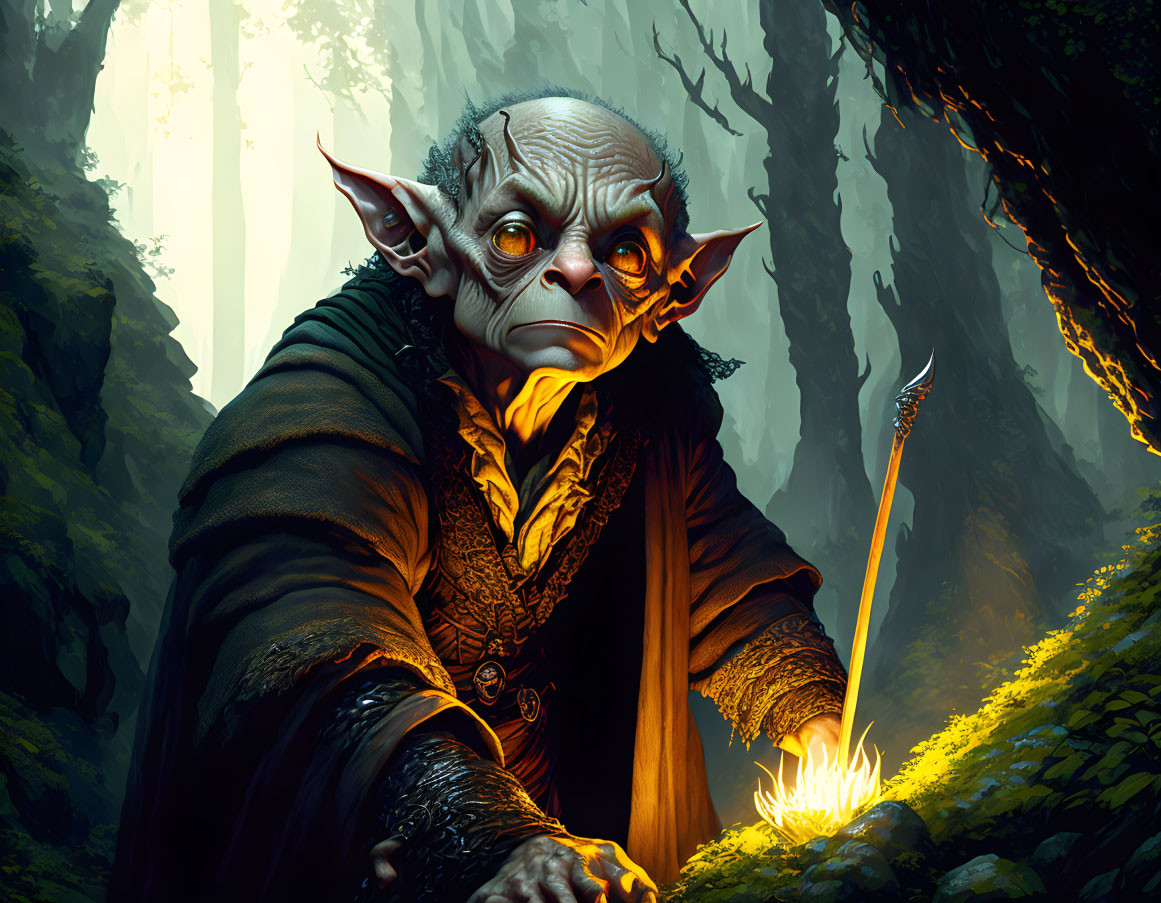 Mystical goblin-like creature in sunlit forest with magical staff