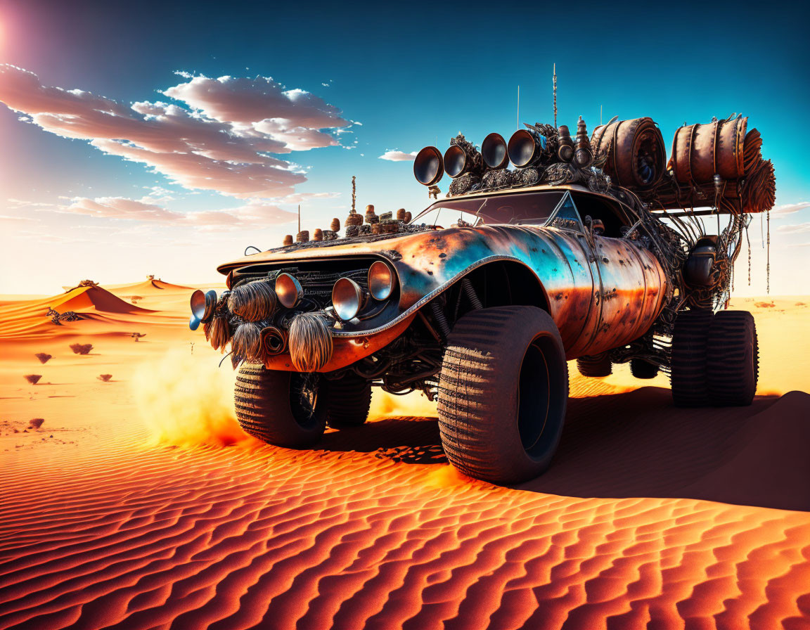 Customized desert vehicle with large wheels parked in sandy dunes under blue sky