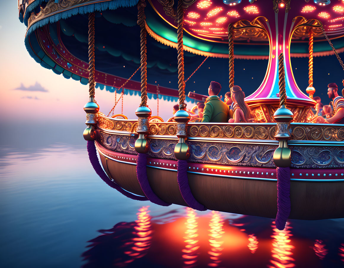 Vibrant magical carousel above reflective water at dusk