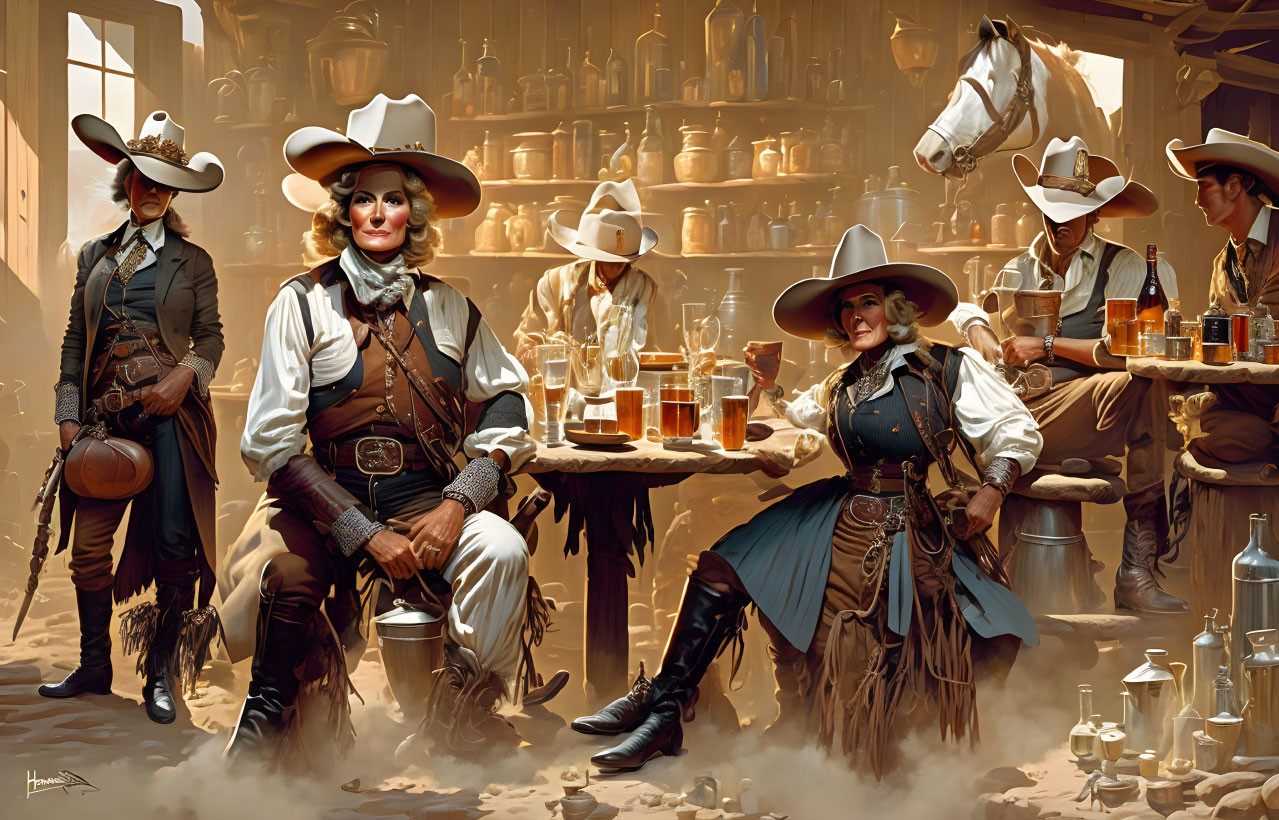 Western Saloon Scene with Cowboy Attire and Bar Drinks