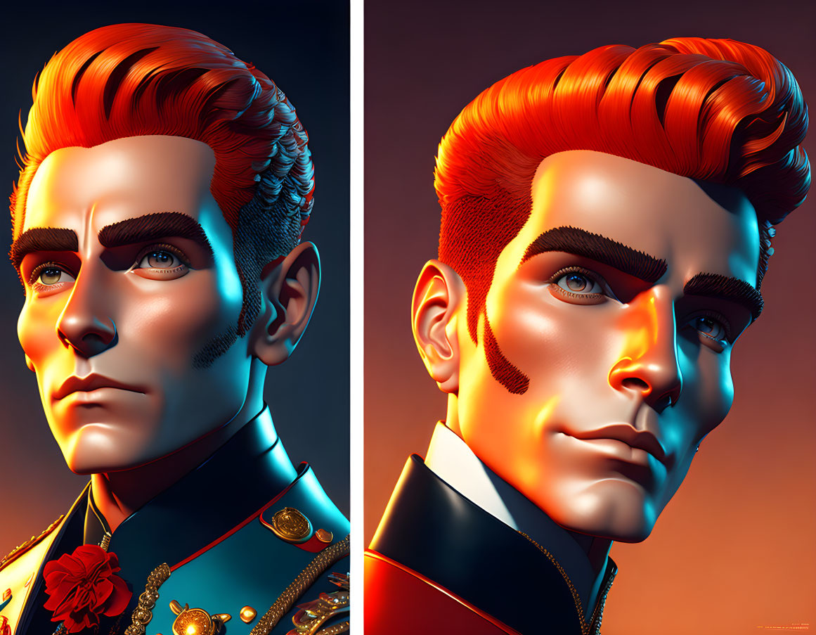 Male figure with red pompadour in vibrant orange and blue portraits