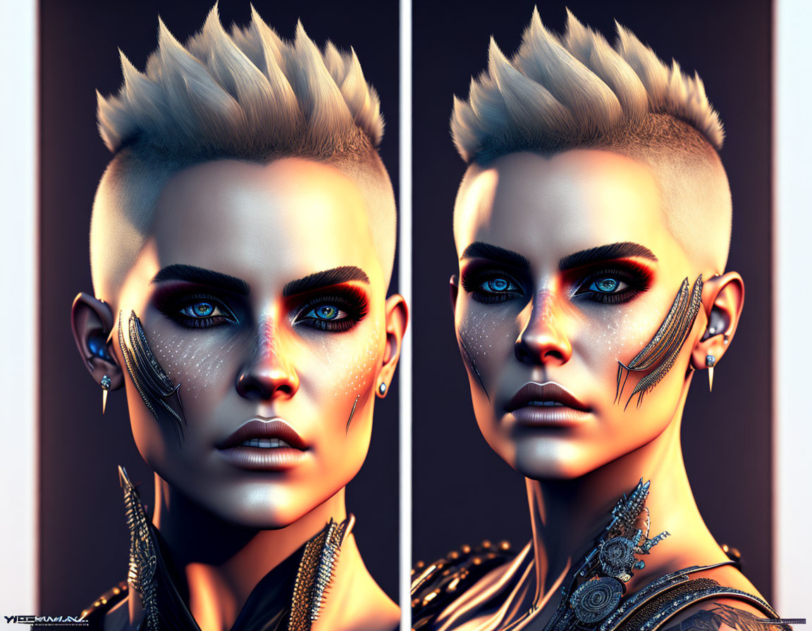 Person with Mohawk & Piercings in Dual Lighting Settings