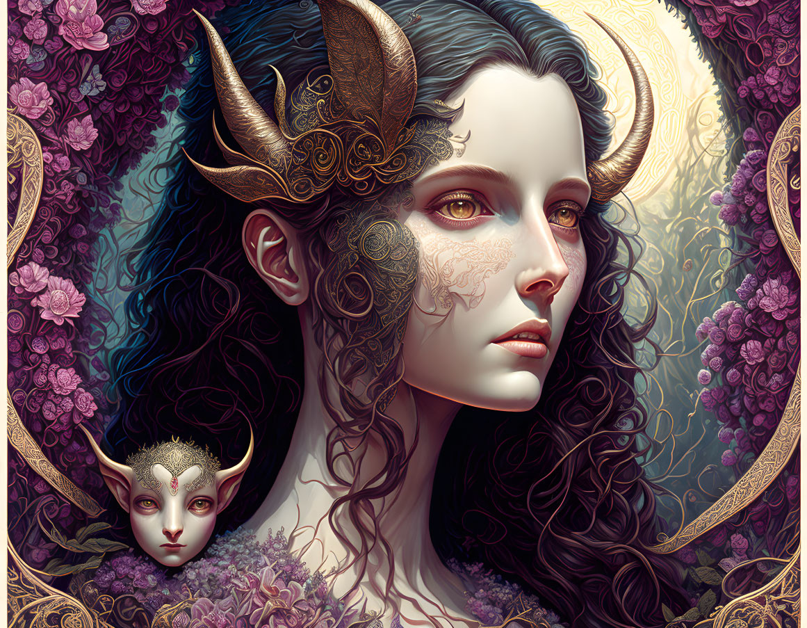 Fantasy illustration of woman with golden horns and floral designs