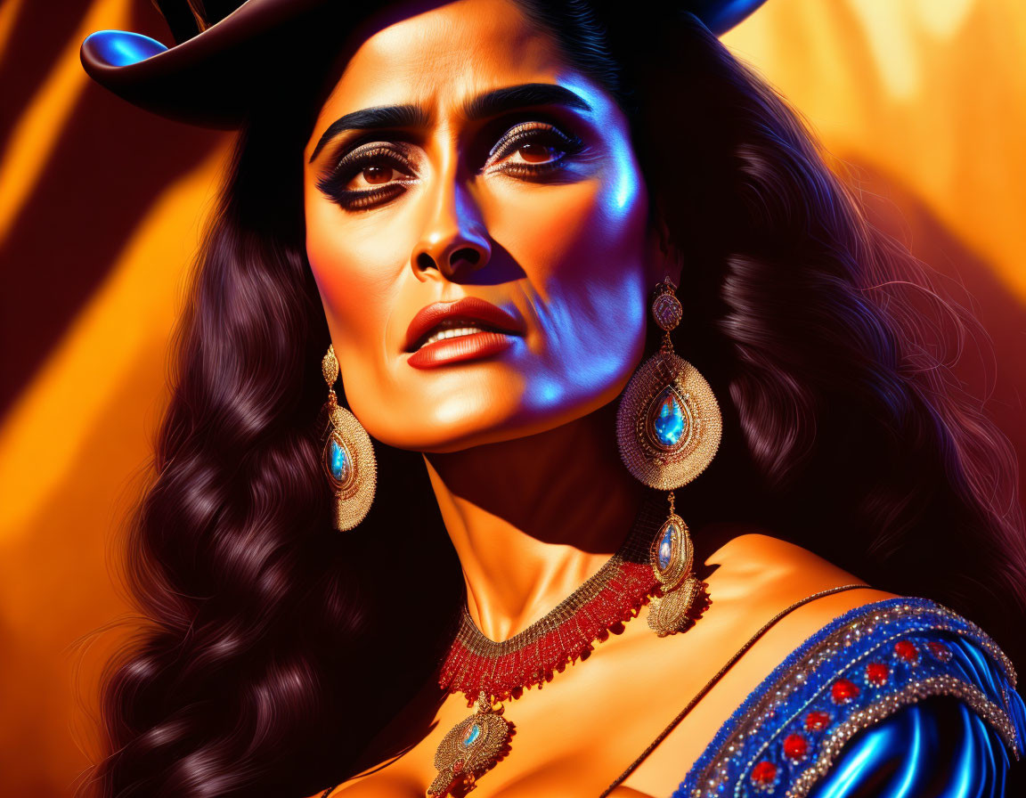 Colorful illustration of woman with elaborate jewelry and makeup on orange background