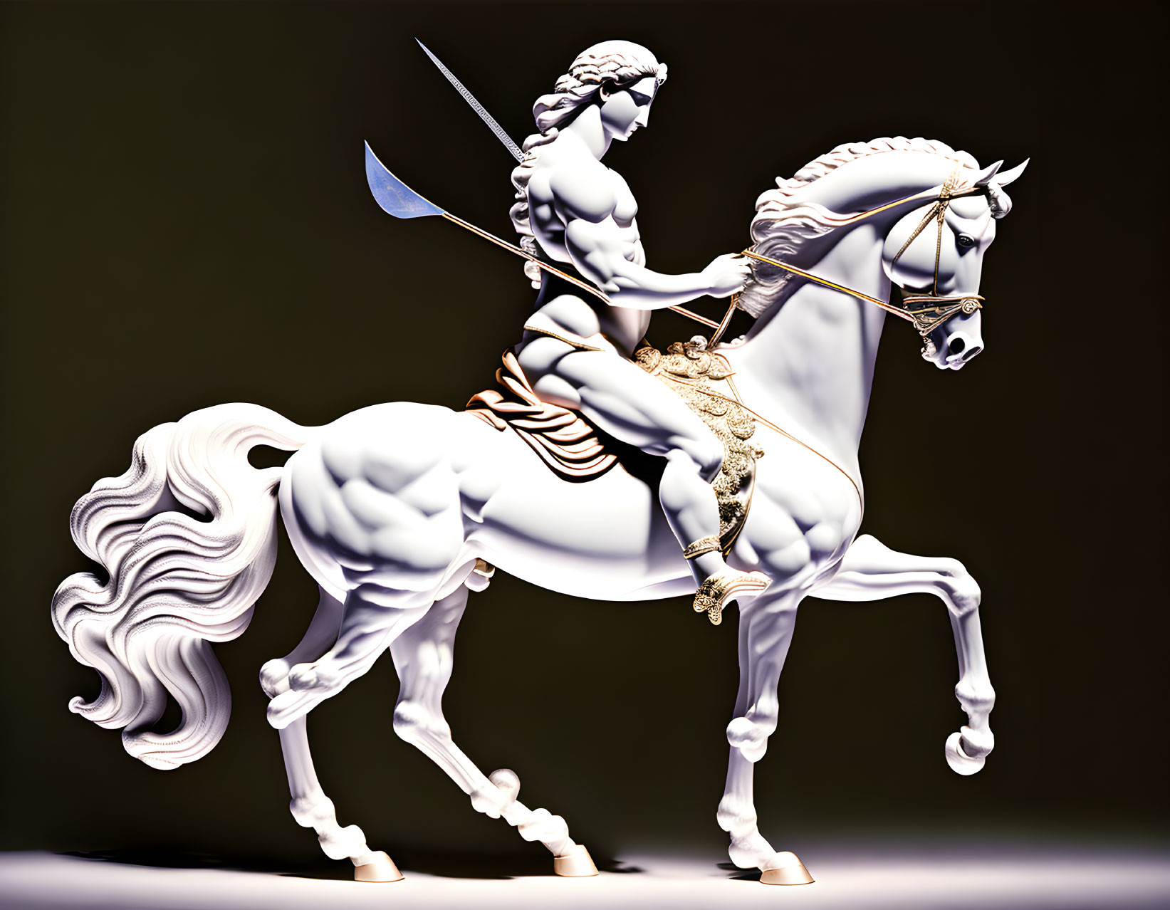 Muscular warrior on white horse with spear in stylized 3D render