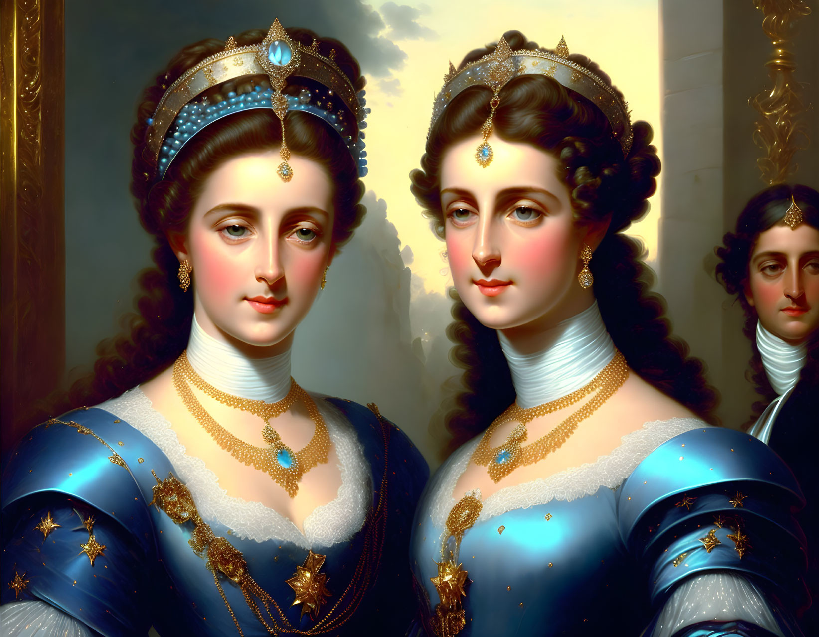 Portrait painting of two women in royal blue gowns with gold embroidery