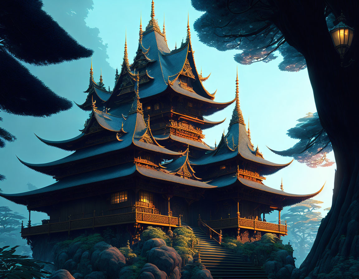 Illustration of ornate pagoda in natural setting with warm light