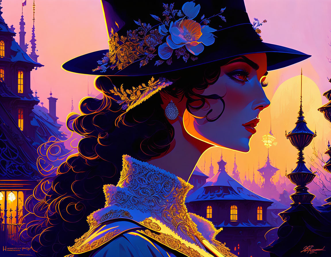 Stylized illustration of woman in wide-brimmed hat and period attire on purple backdrop.