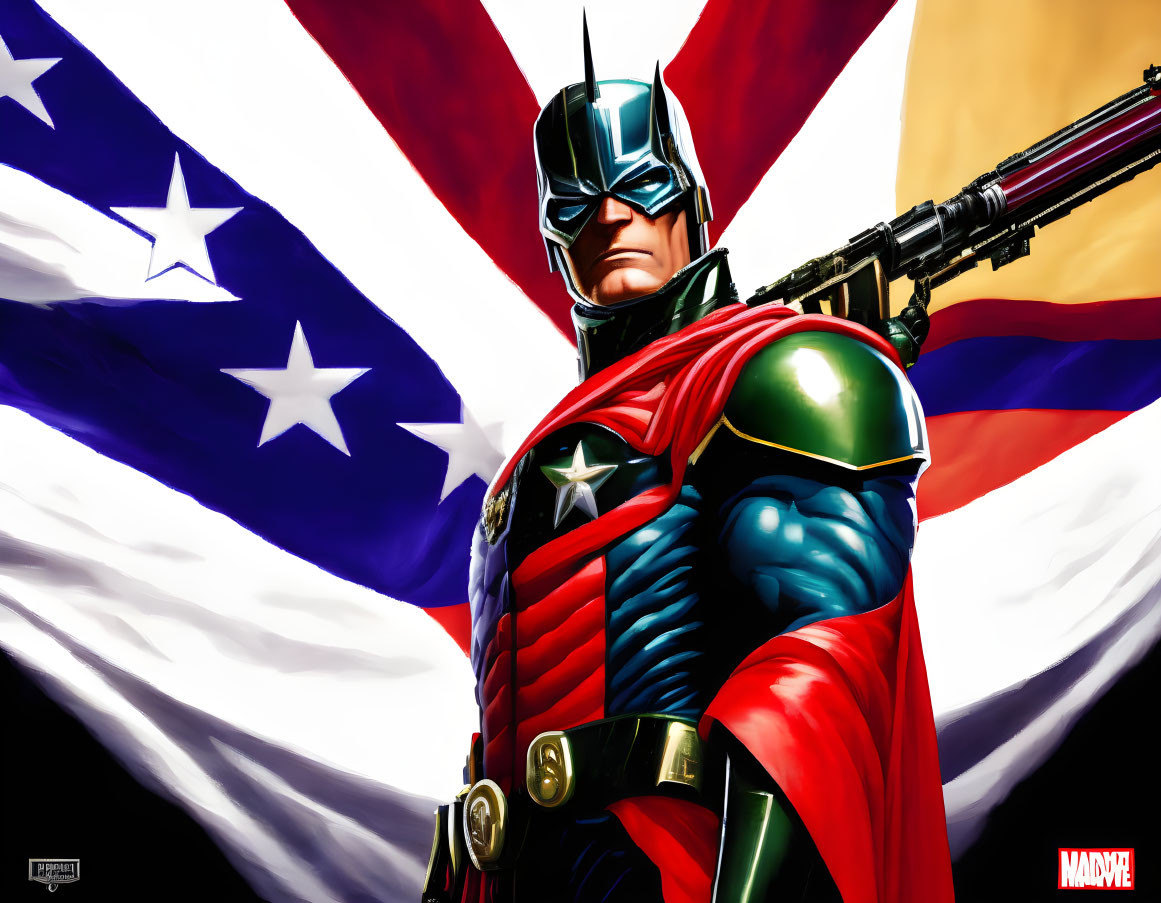 Colorful superhero with metallic helmet in front of American flag