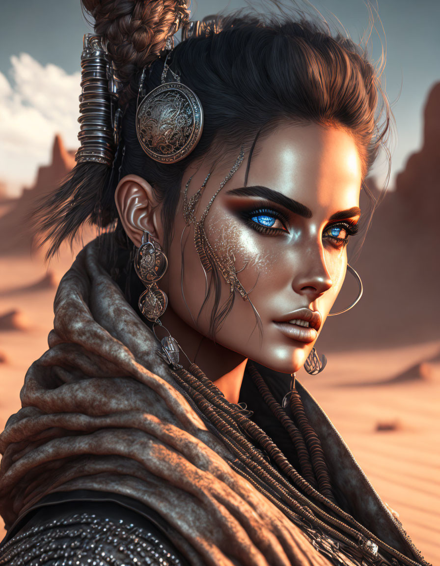 Woman with Blue Eyes and Facial Jewelry in Desert Setting