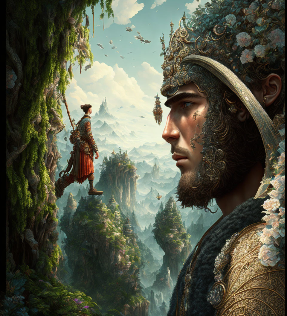 Ornately armored man in fantasy scene with floating islands