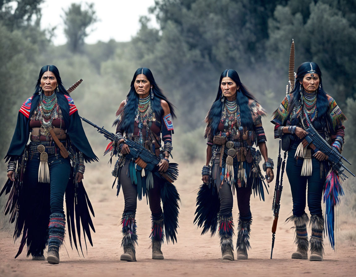 Four people in Native American attire with rifles in desert landscape