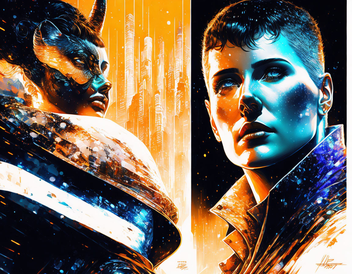 Split Digital Artwork: Sci-Fi Woman & Feline Mask Figure