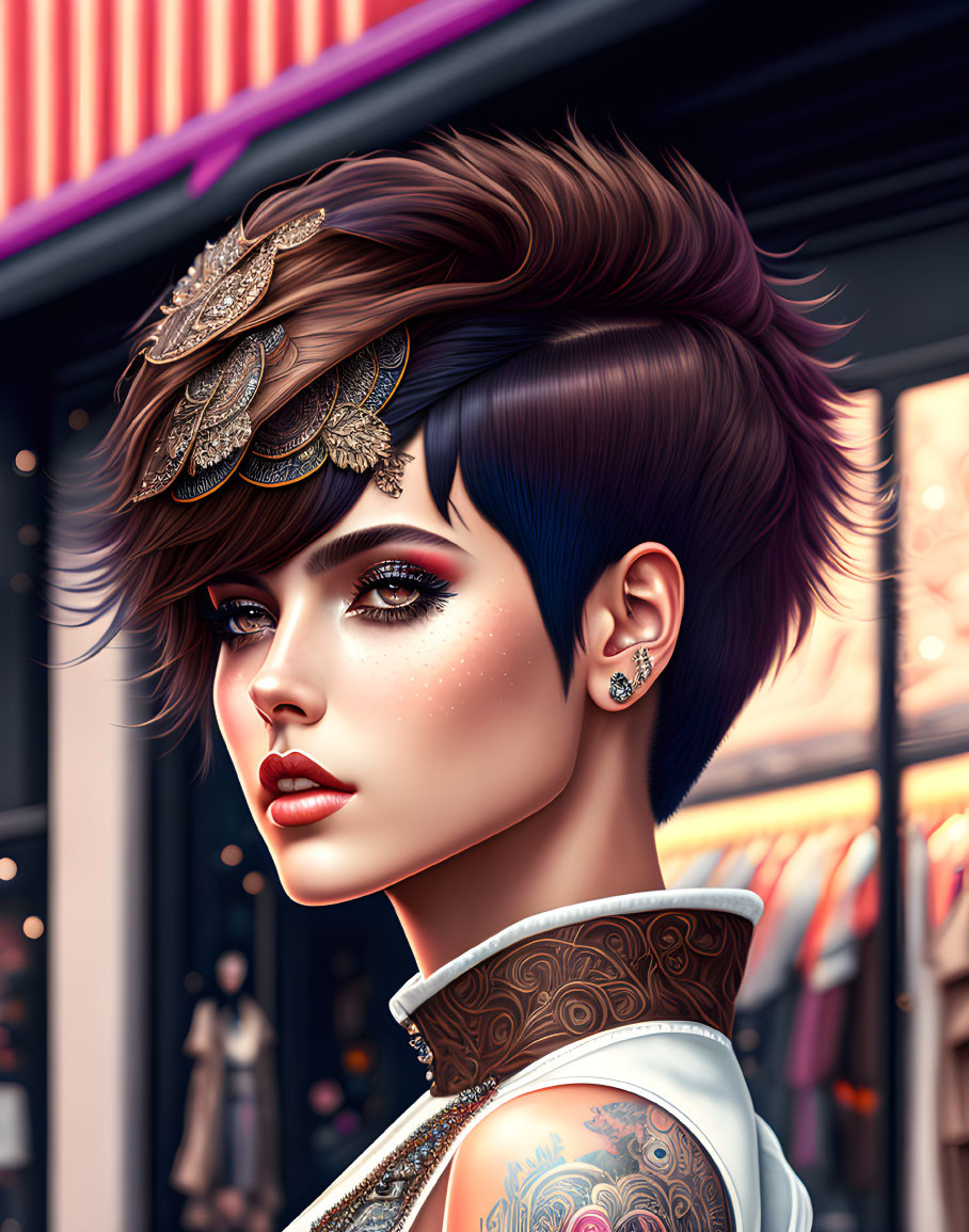 Illustrated portrait of person with stylish pixie haircut, golden hair accessory, and neck tattoo