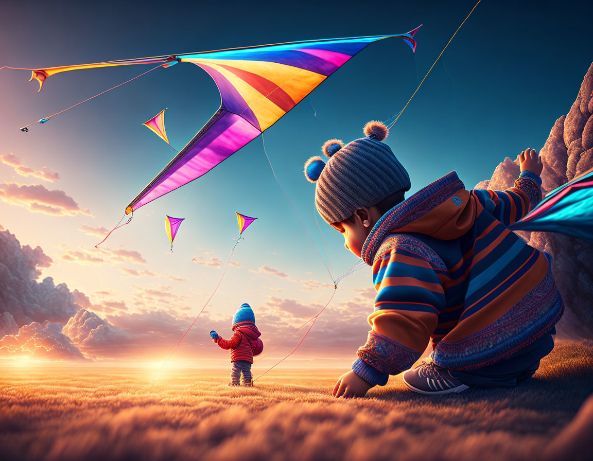 Children flying kites in grassy field at sunrise