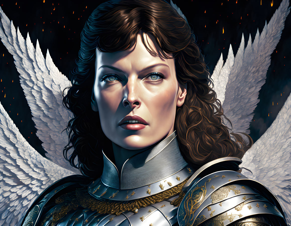 Digital illustration of stern woman with angelic wings in golden armor on starry backdrop