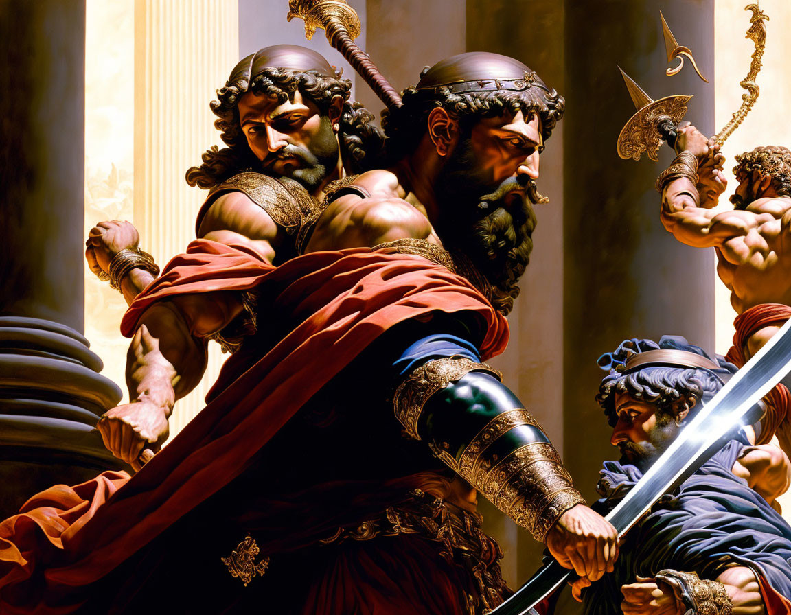 Three determined warriors in ancient attire with weapons among architectural columns.