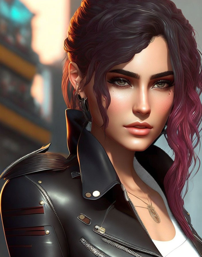 Digital artwork: Woman with green eyes, black and pink hair, leather jacket, and jewelry.