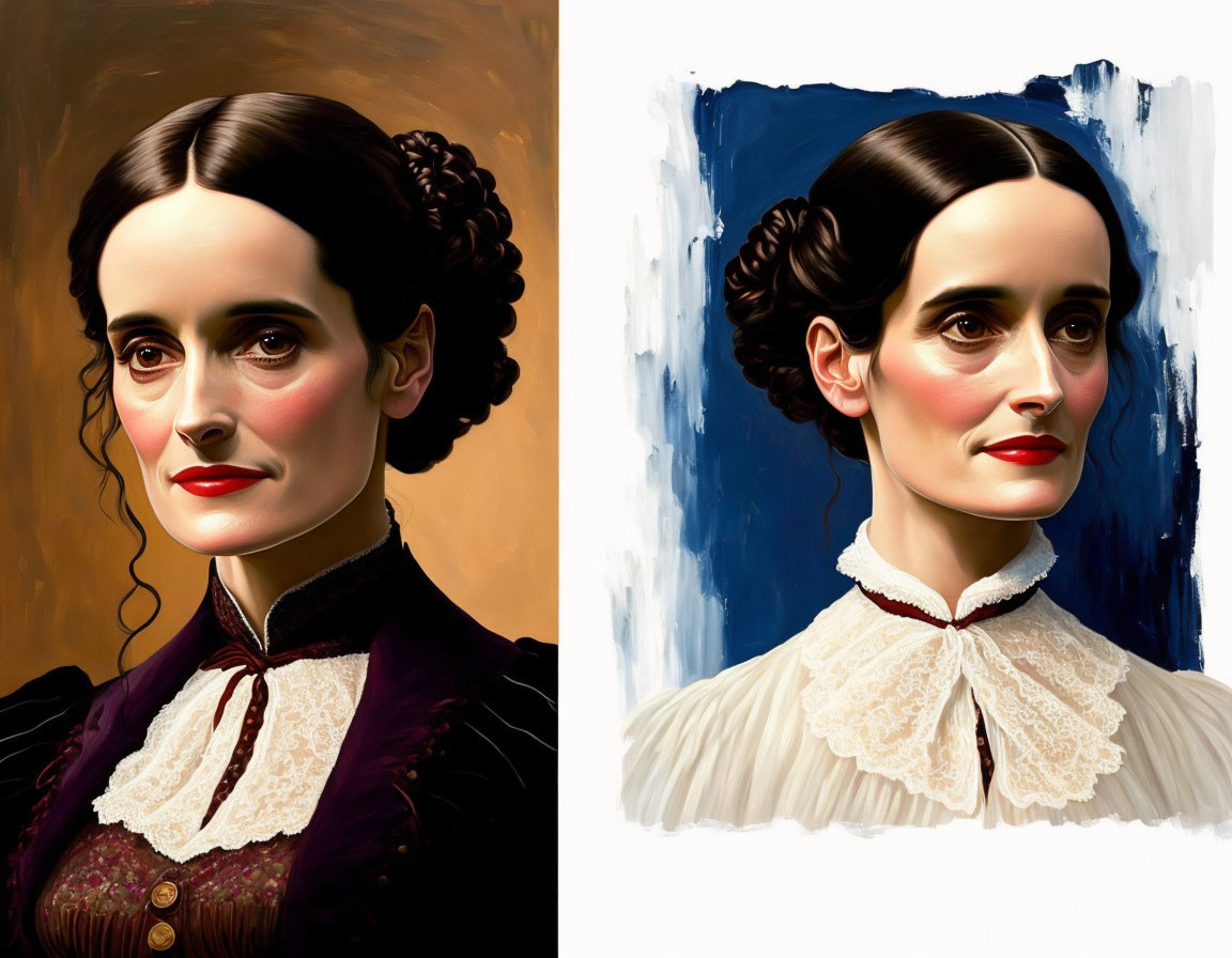 Stylized portraits of a woman in vintage clothing with dark hair